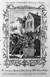 Die Zeremonie der Grundsteinlegung der Blackfriars Bridge durch den Lord Mayor und die Aldermen der Stadt London, graviert von Charles Grignion, 1760